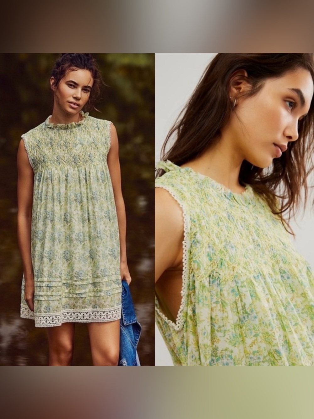 Free People Shea Printed Mini Dress Floral Smocked Babydoll